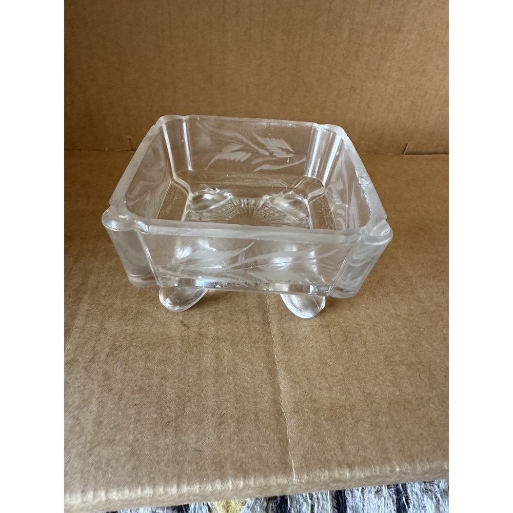 Vintage Glass‎ Square Footed Trinket Box Etched Design